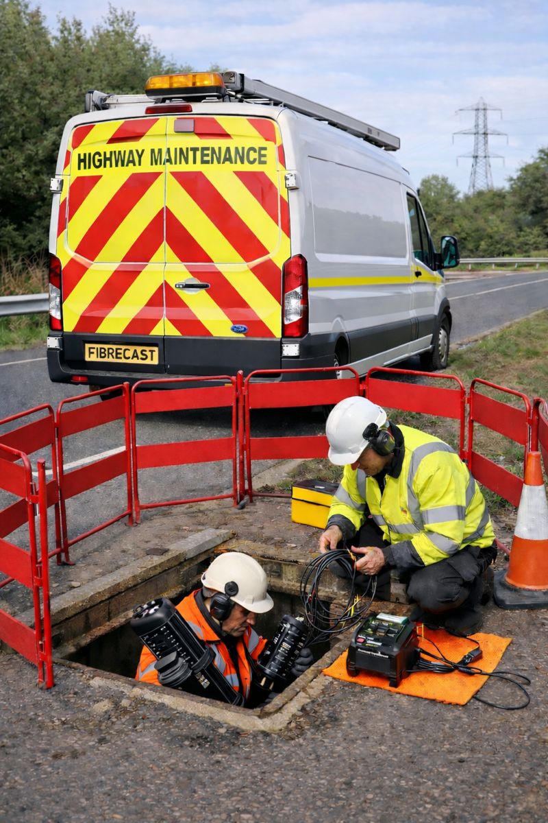 Highway maintenance workers installing fibre optic cables underground